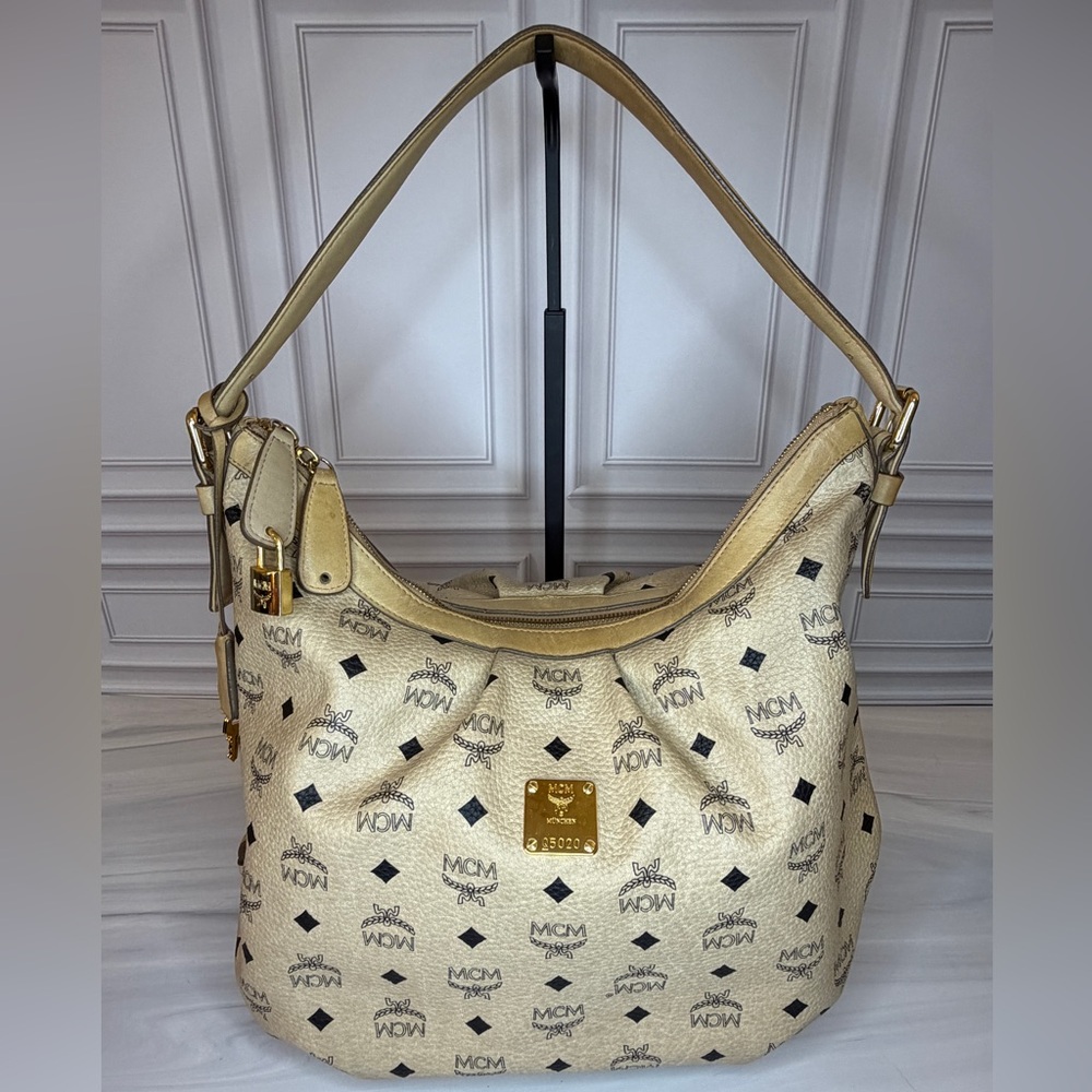 MCM Light Beige Visetos Leather Monogram Hobo Shoulder Bag | Lock & Key Included - Picture 2 of 12